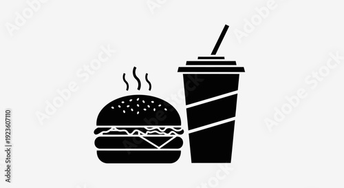 Fast food icon in minimalist flat vector style featuring a burger and takeaway drink cup.