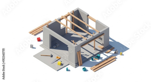 House Under Construction with Exposed Framing.