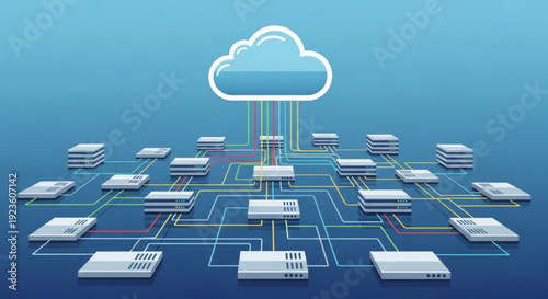 Cloud computing network infrastructure with servers and data storage connected to a central cloud symbol representing online data management and technology