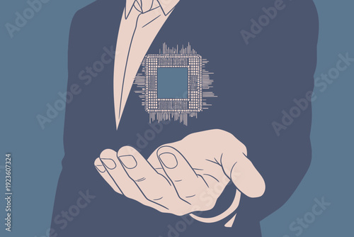 A person in a suit shows a digital representation of a computer chip in their hand, highlighting technology's impact.