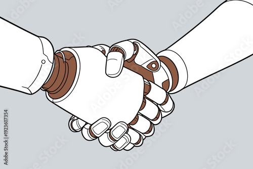 A robot hand and a human hand grip each other in a sign of cooperation. This moment shows a bond between technology and people.