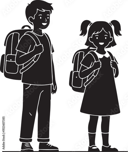 Two school kids silhouettes with backpacks, isolated vector.