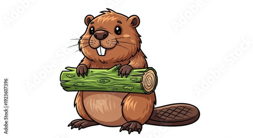 Cute cartoon beaver holding a log on white background.