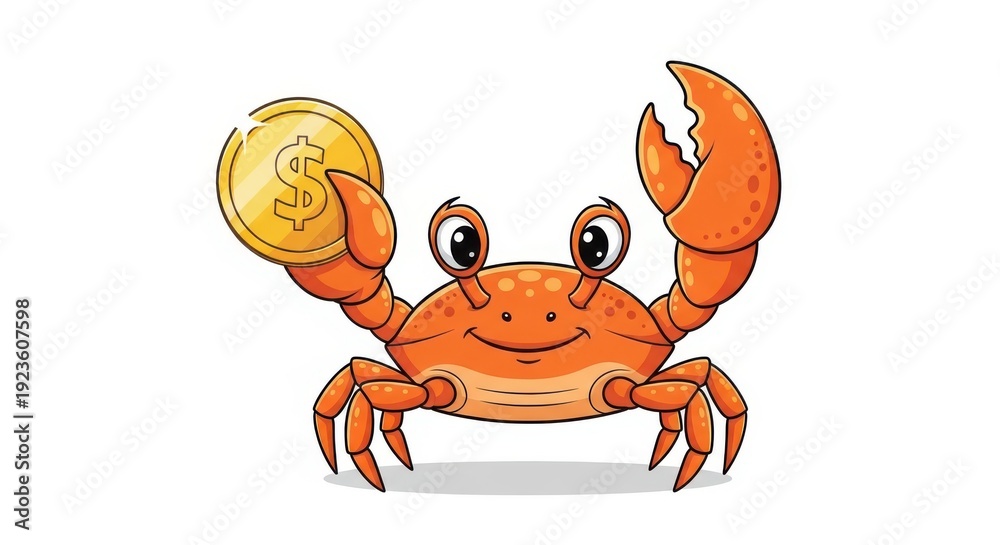 Fototapeta premium Cartoon crab happily holding a gold coin.