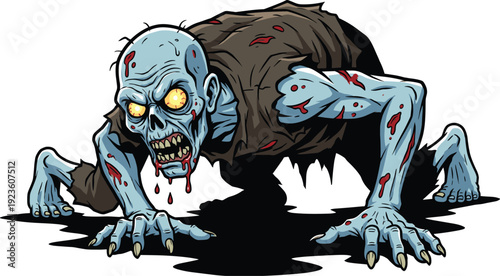 Creepy crawling zombie monster illustration, scary undead horror character with glowing eyes, Halloween nightmare creature isolated on white background