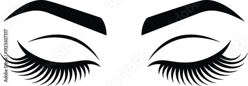 Closed eyes with long eyelashes vector illustration, bold eyebrow makeup design, black silhouette beauty icon, minimalist cosmetic logo isolated on white background