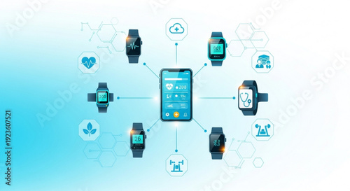 Smartwatch devices connected to smartphone with health fitness and technology icons on blue gradient background