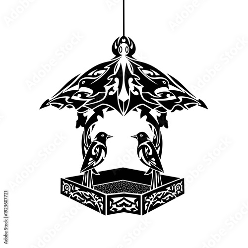 Ornate bird feeder with two birds in black silhouette design  