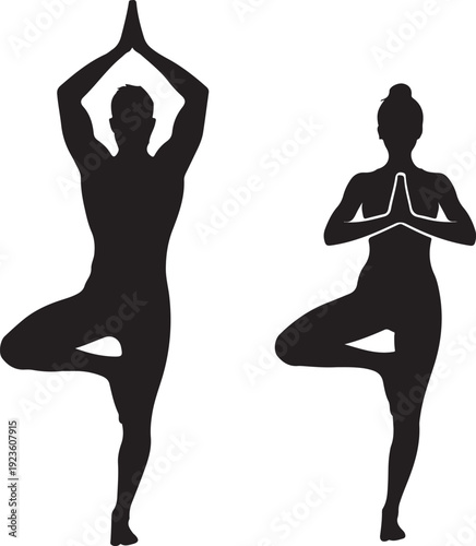 Two yoga pose silhouettes in balanced positions, clean vector style