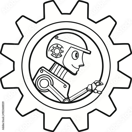 A stylized robot head integrated within a gear mechanism illustration