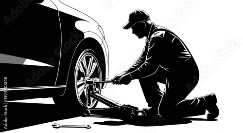 Automotive technician replacing tire silhouette illustration