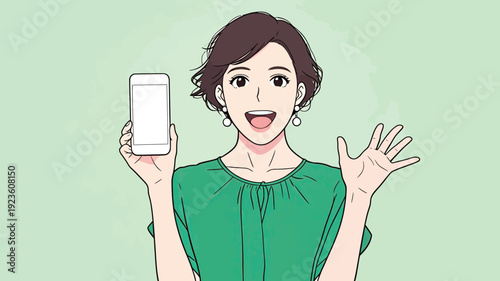 A woman holds a smartphone in one hand and waves with the other. She smiles and stands in front of a green backdrop.