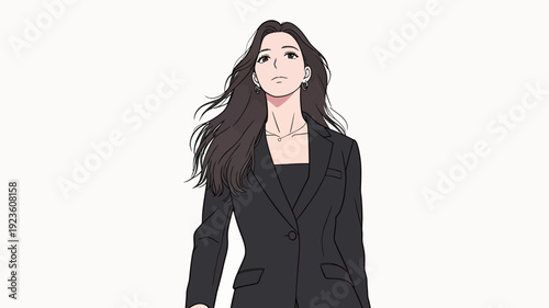 A woman walks in a black suit with long hair down. She looks forward with a focused expression in a plain background.