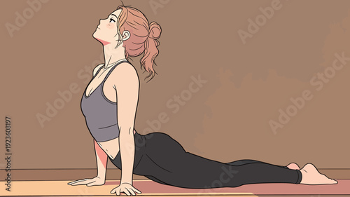 A woman is doing yoga on a mat in a studio. She is in a pose with her head lifted and body arched back.