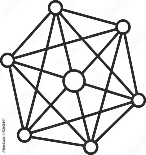 A geometric illustration of a complete graph with six nodes arranged in a pentagonal pattern with one central node