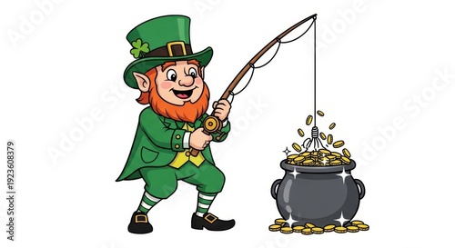 Cheerful leprechaun fishing gold coins with a smile.