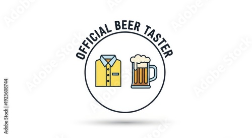 Illustration of beer taster label with shirt and mug symbols.