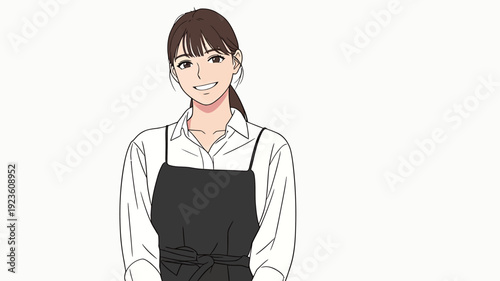 Young waitress stands with a smile in a restaurant, wearing an apron over a shirt. She is ready to serve customers during lunch.