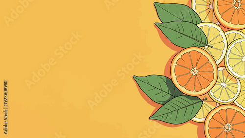 Round slices of oranges and lemons sit on a yellow background with green leaves alongside them, showing fresh fruit.