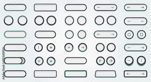 Collection of modern UI buttons and icons with minimalist design