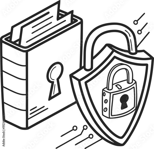 Secure knowledge depicted through a book and shield with padlocks symbolizing confidentiality.