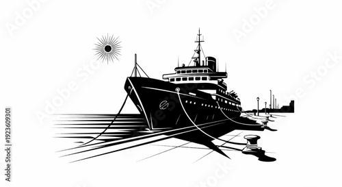 Black and white illustration of a large ship docked at a pier under a stylized sun