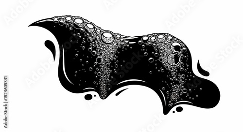 Black fluid with effervescent bubbles and splash shapes