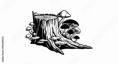 Black and white illustration of mushrooms growing on a tree stump