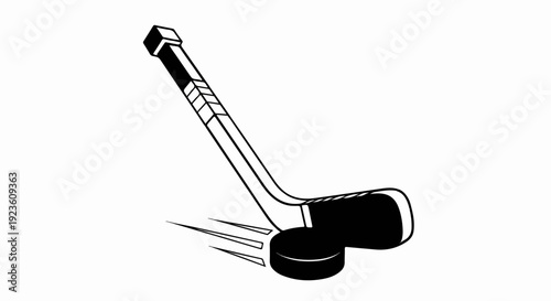 Black and white illustration of a hockey stick about to hit a puck