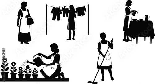 Black silhouettes of woman doing housework including gardening cleaning the floor hanging laundry and serving food isolated on white background for lifestyle designs