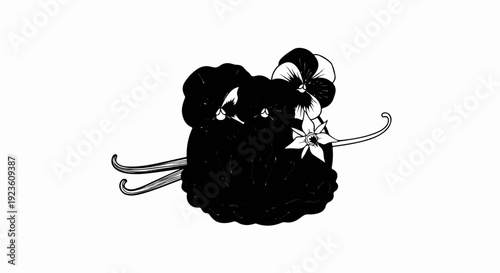 Black and white illustration of pansies and vanilla beans