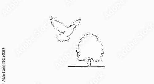 Dove flies over a profile of a woman's face as a tree