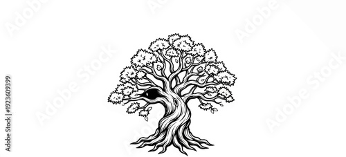 Black and white illustration of a gnarled, ancient tree with a hollow