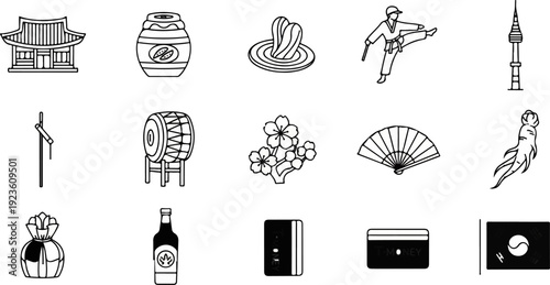 Collection of Korean cultural icons including traditional buildings, food, and symbols