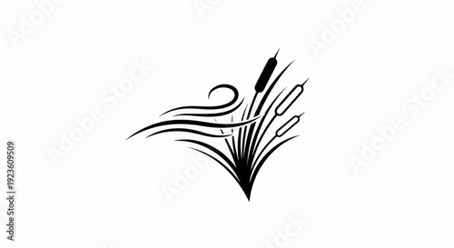 Black graphic of cattails and flowing reeds on a white background