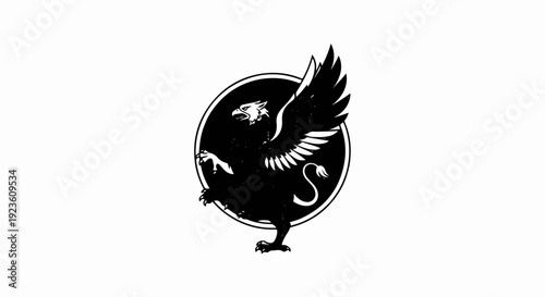 Black griffin with wings spread and talons extended, set within a circle