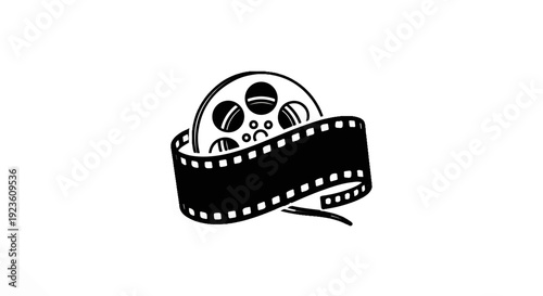 Black and white illustration of a film reel with surrounding film strip