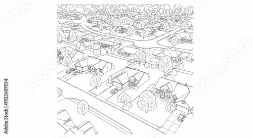 Aerial sketch of a suburban neighborhood with winding roads and houses
