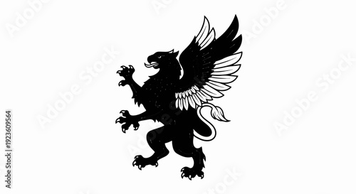 Black griffin with spread wings and talons, posed on white background