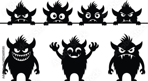 Black silhouettes of scary monster characters and spooky little creatures with horns and sharp teeth isolated on white background for Halloween designs