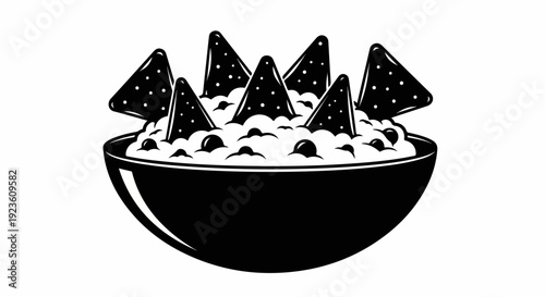 Black and white illustration of triangular chips in a bowl of dip