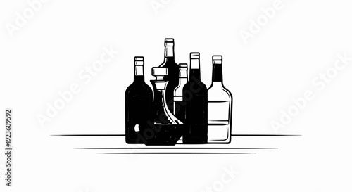 Black and white illustration of wine bottles and a decanter