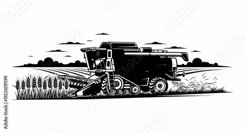Black and white illustration of a combine harvester in a wheat field