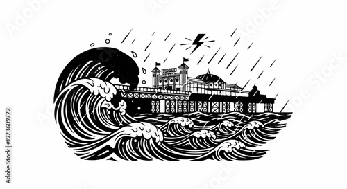 Dramatic storm engulfs pier with crashing waves and lightning strike