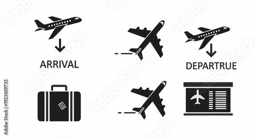 Airport icons depicting arrival, departure, luggage, and flight board