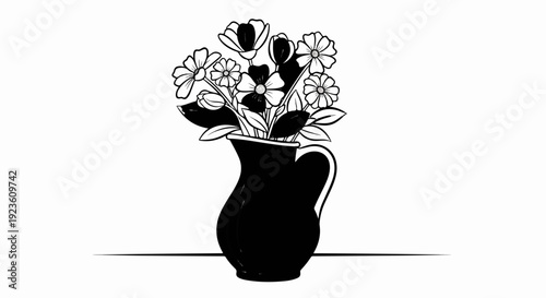 Black and white illustration of a bouquet of flowers in a dark vase