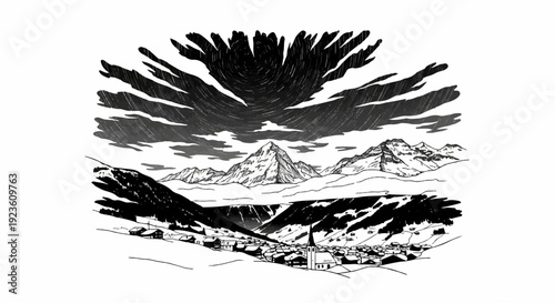 Dramatic stormy sky over a snowy mountain village with a church steeple