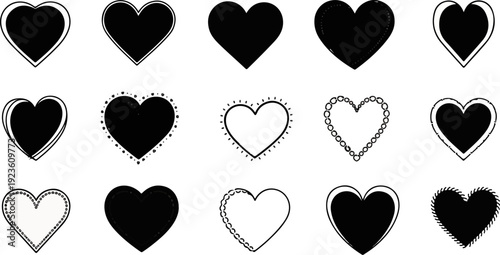 Collection of fifteen stylized hearts, black and white, diverse outlines