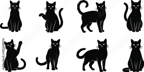 Black silhouettes of domestic cats and kittens in various poses including sitting walking and waving isolated on white background for animal designs