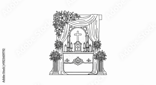Altar with cross, candles, and floral arrangements, draped with curtains
